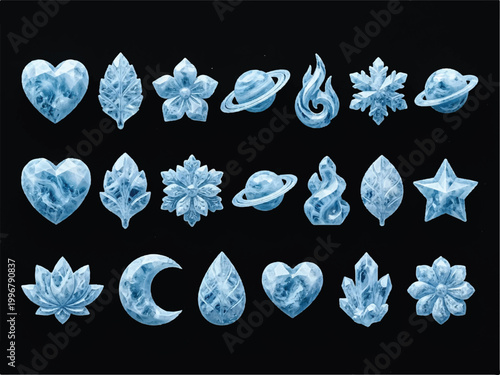 Ice crystal shapes and symbols  hearts stars moons planets leaves flowers and flames in frosty transparent blue ice crystals on dark background