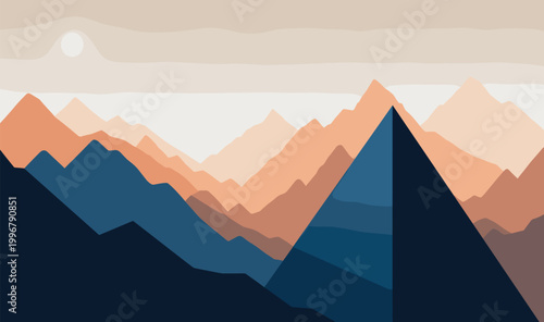 Minimalist Mountain Landscape Vector Illustration with Blue and Terracotta Layered Peaks at Sunset