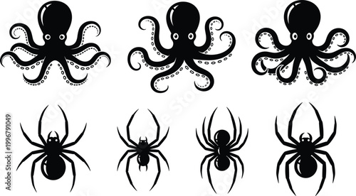 Octopus and Spider Silhouette Vector Set with Tentacle Detail and Arachnid Leg Variations on White Background