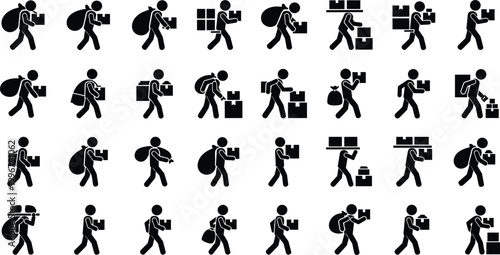 People Carrying Boxes Bags and Packages Stick Figure Pictogram Vector Set with Walking Delivery and Moving Poses