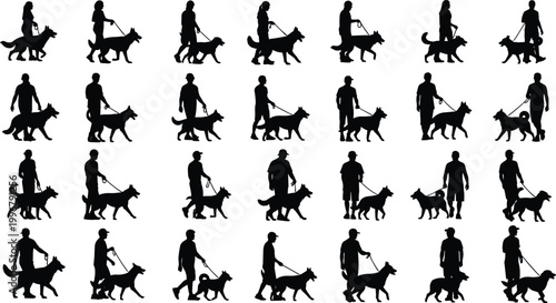 People Walking Dogs on Leash Silhouette Vector Set with Diverse Owners and Various Dog Breed Poses
