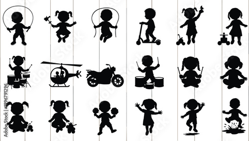 Playful Children Activity Silhouette Vector Set with Kids Jump Rope Scooter Drums Helicopter and Outdoor Play Poses