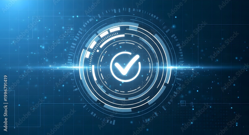 Fototapeta premium Cyber security authorization concept with glowing checkmark inside digital HUD interface and horizontal light beam on blue background
