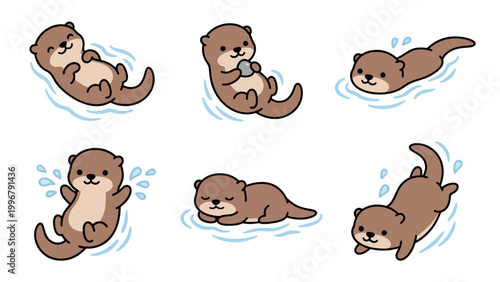 Adorable cartoon otters enjoying playful moments in water, showcasing various cute activities.
