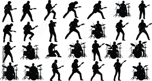 Rock Band Musician Silhouette Vector Set with Guitarist Drummer Singer and Dynamic Performance Stage Poses