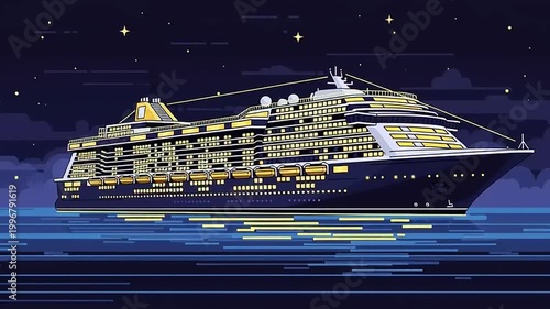 Cruise ship sailing under starry night.