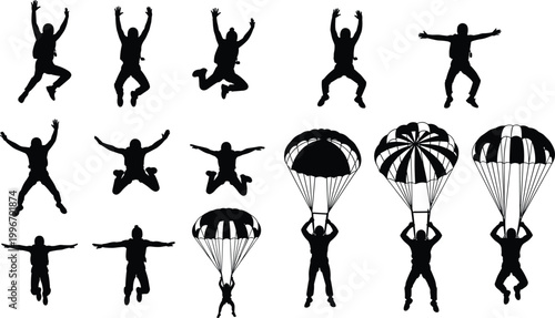 Skydiving and Parachuting Silhouette Vector Set with Freefall Poses and Open Canopy Landing Figures