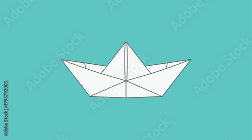 Simple white paper origami boat with outline on turquoise background m