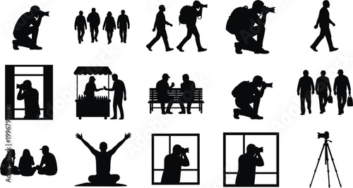 Urban People Activity Silhouette Vector Set with Photographers Walkers Vendors Seated and Celebrating Figures