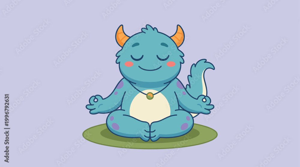 Obraz premium Cute Blue Monster Meditating in Lotus Position Adorable Character Vect