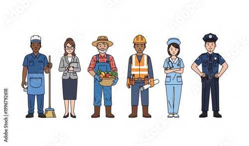 Diverse Essential Workers Profession Character Set Vector Illustration