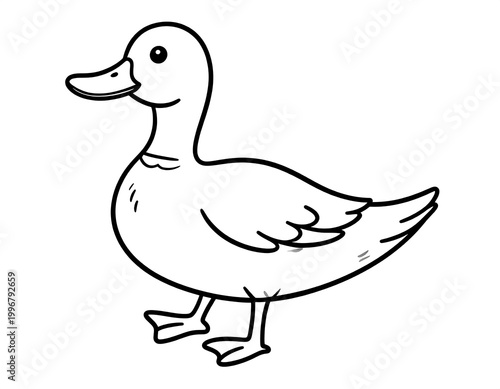 Black and white illustration of a stylized duck with a curved neck, beak, and feet, in a standing position. Simple, cartoon-like design