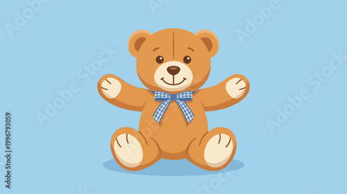 Cute Teddy Bear with Blue Gingham Bow Tie Sitting on a Pastel Blue Bac