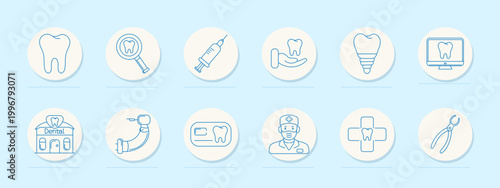 Dental care set icon. Tooth, syringe, dental chair, clinic building, toothbrush, pliers, dentist, medical cross, mirror tool outline collection.