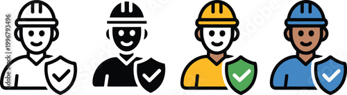 Professional construction worker with safety helmet and protective shield icon set representing industrial labor protection and security insurance design