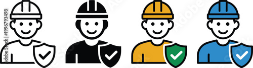 Professional construction worker safety helmet protective shield icon set for industrial labor protection security insurance symbol vector illustration