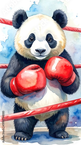 Watercolor panda in a boxing ring, ready to fight with red gloves