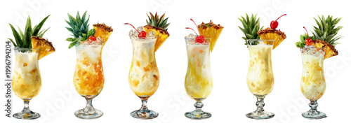 Hand painted watercolor of vibrant tropical cocktails with pineapple leaves and cherries, perfect for summer, beach, vacation, resort menus, parties and refreshing drinks