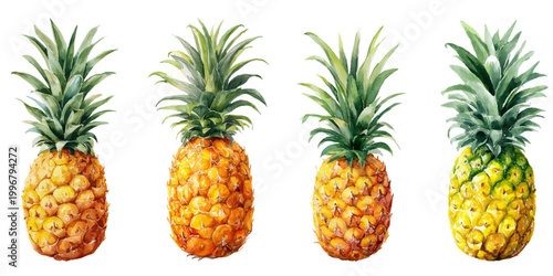 Watercolor illustration displaying four ripe pineapples with spiky green leaves and golden yellow textured skin. Representing tropical fruit. Healthy food