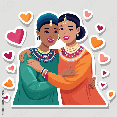 Two women in traditional Indian attire embracing with hearts around them