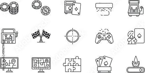 Gambling, Gaming, and Entertainment Vector Icons Featuring Casino, Cards, Puzzles, and Video Games for Fun and Leisure Projects