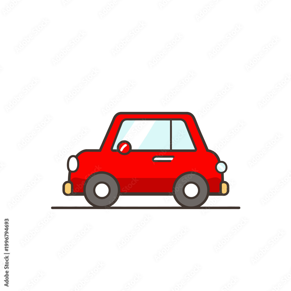 Fototapeta premium Cute Red Car Side View Simple Flat Line Cartoon Icon Kawaii Vehicle Illustration on White Background Vector Design