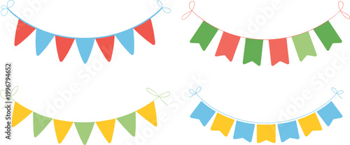 Festive bunting flags set, colorful party garlands decoration, celebration vector illustration collection isolated