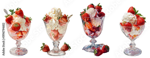 Strawberry sundaes with ripe red berries, creamy vanilla ice cream and fluffy whipped cream in elegant glass bowls on white background, tempting sweet summer treat
