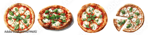 Margherita pizzas rendered in a watercolor style, showcasing several variations of the classic italian dish with mozzarella cheese, fresh basil leaves, and tomato sauce