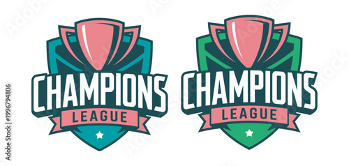 Champions League sports logo set with trophy and shield emblem in pink and teal colors, modern tournament branding and esports identity design, clean vector badge illustration