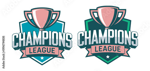 Champions League sports logo set with trophy and shield emblem in pink and teal colors, modern tournament branding and esports identity design, clean vector badge illustration