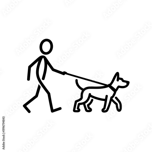 A stick figure walking a dog in a simple black line illustration style