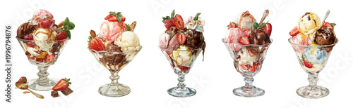 Delicious ice cream sundaes and classic desserts with fruit, chocolate, vanilla and strawberry flavors, served in elegant glass bowls, celebrating sweet summer indulgence