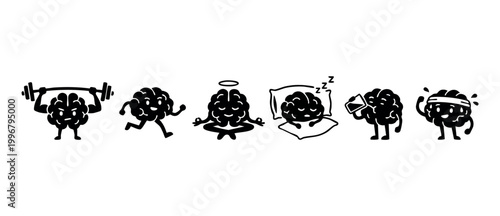 Brain character activity set, cute brain mascot icons doing daily healthy habits, exercise, meditation, sleep, and drinking water, black and white vector illustration set for mental health and wellnes