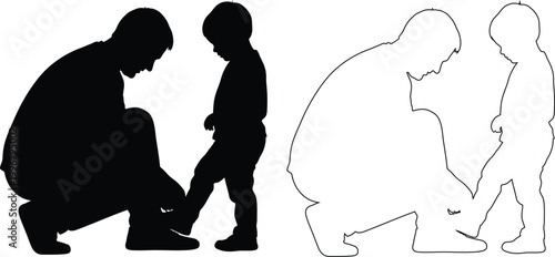 Adult helping child put on shoes silhouette illustration