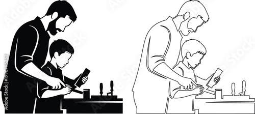 Father teaching son woodworking skills at workshop bench