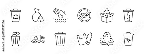 Recycling waste management set icon. Trash bin bag water ban box bottle garbage truck plastic arrows eco container depict disposal sorting environment cleanup.