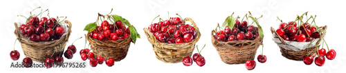 Clusters of fresh ripe red cherries presenting a healthy, sweet, and delicious fruit concept, harvested in charming rustic wicker baskets with abundant produce for a seasonal still life on white