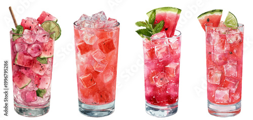 Refreshing watermelon cocktails lineup with ice, lime, and mint garnishes, representing summer, hydration, healthy refreshment, and fruity beverage concepts on white background