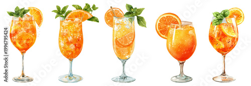 Refreshing orange aperitif drinks, a watercolor illustration presenting a variety of summer cocktails with citrus slices, ice cubes, and mint leaves, perfect for party invitations or menu designs