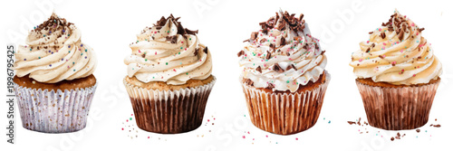 Watercolor cupcakes featuring creamy frosting, colorful sprinkles, and chocolate shavings, representing a collection of sweet desserts and bakery delights