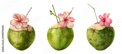 Young green coconuts with straws and hibiscus flowers, watercolor illustration for summer drinks, tropical themes, refreshment, and vacations, isolated on a white background