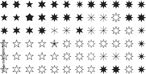 A collection of various star shapes, including solid black and outlined star arranged in a grid pattern on a white background, featuring different point counts and geometric star variations