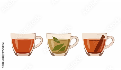 Herbal Tea Cups Vector Set, Hot Drinks in Glass Mugs Illustration