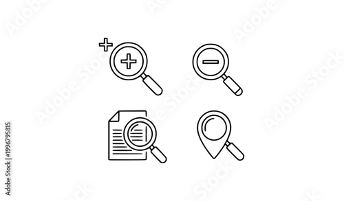 Magnifier Zoom Search Icons Vector Set, Plus Minus Location Symbols