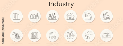 Industry set icon. Warehouse, refinery, plant, house, factory, pipeline, smokestack, oil pumpjack, power station, reactor, hangar, manufacturing, production, engineering, industrial economy