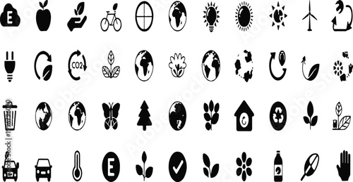 Collection of black environmental and sustainability featuring symbols for recycling, renewable energy, nature conservation, eco-friendly transportation, and global climate awareness on white