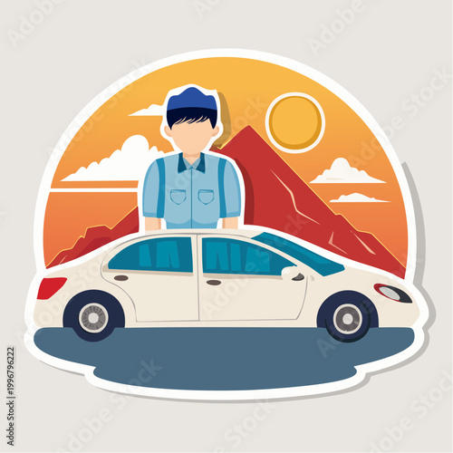 Driver with Car and Mountain Landscape