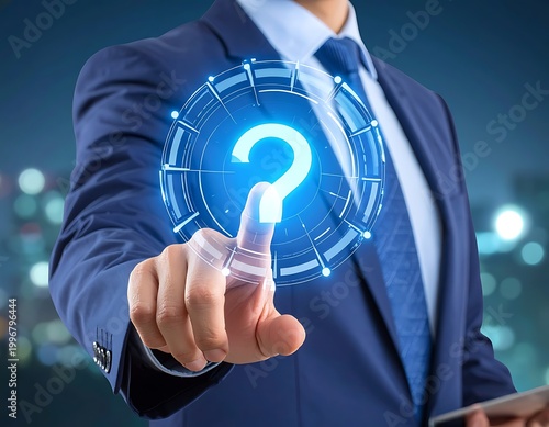Businessman touching question mark icon.