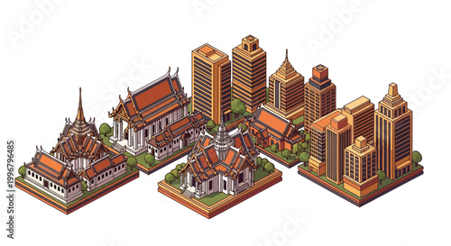 Isometric pixel art rendering displays several traditional Thai temples alongside modern high-rise buildings against a clean white background, conveying a cultural blend with a nostalgic